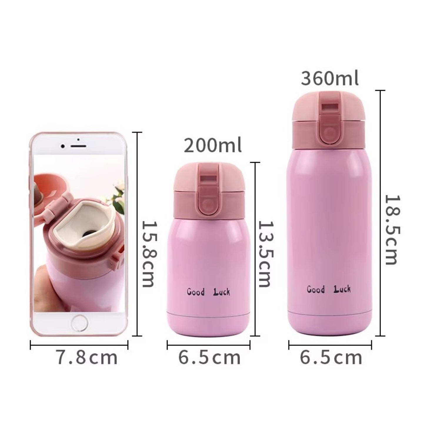 Mini Gourde Isotherme 200ml guide des dimensions - Rose - Blanc - Framboise - Turquoise - Orange