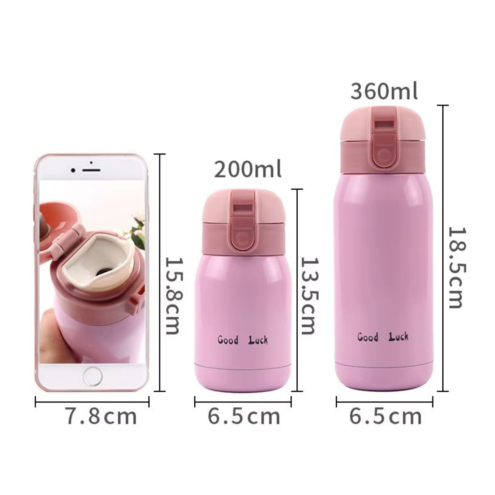 Mini Gourde Isotherme 200ml guide des dimensions - Rose - Blanc - Framboise - Turquoise - Orange