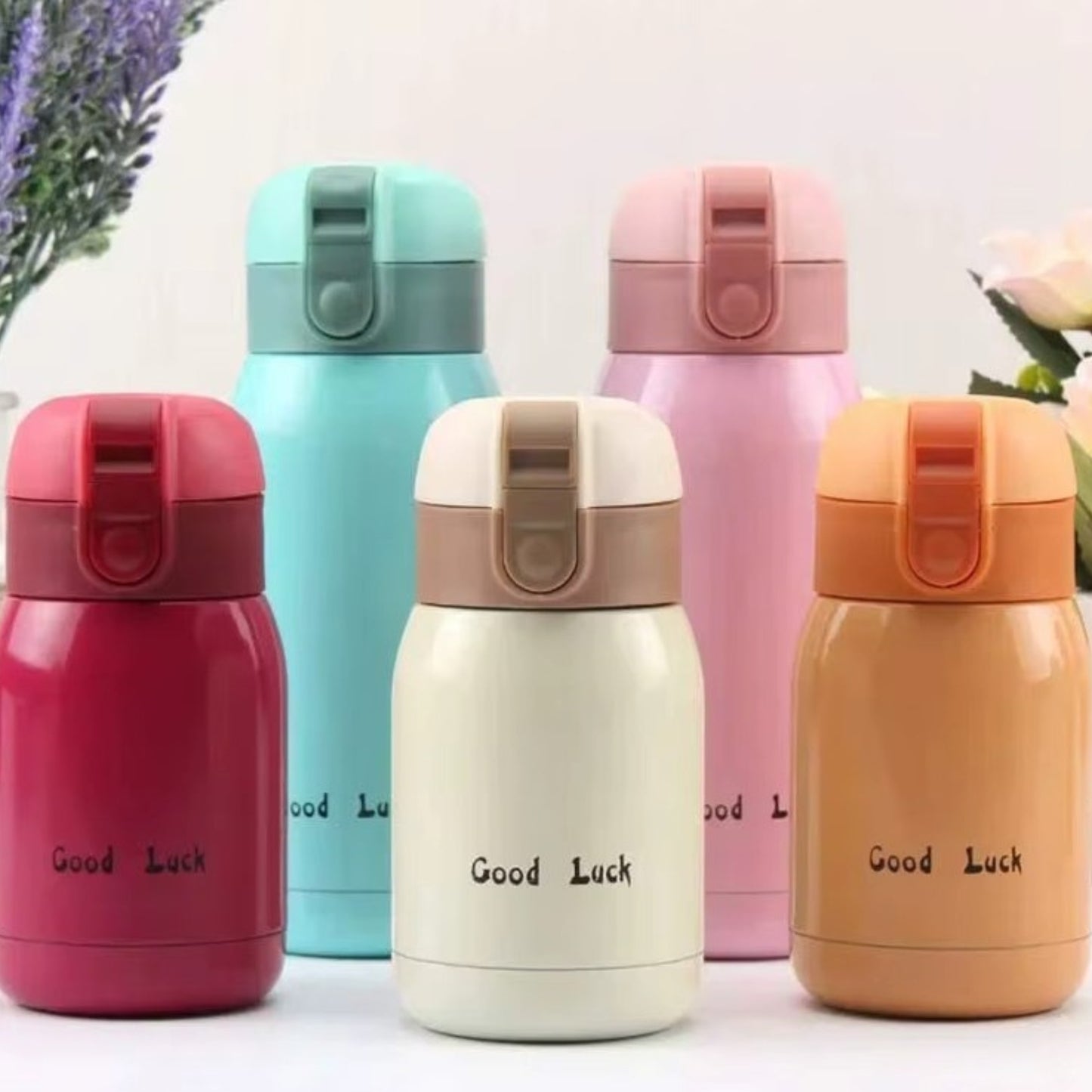 Mini Gourde Isotherme 200ml quatre tailles alignées - Rose - Blanc - Framboise - Turquoise - Orange