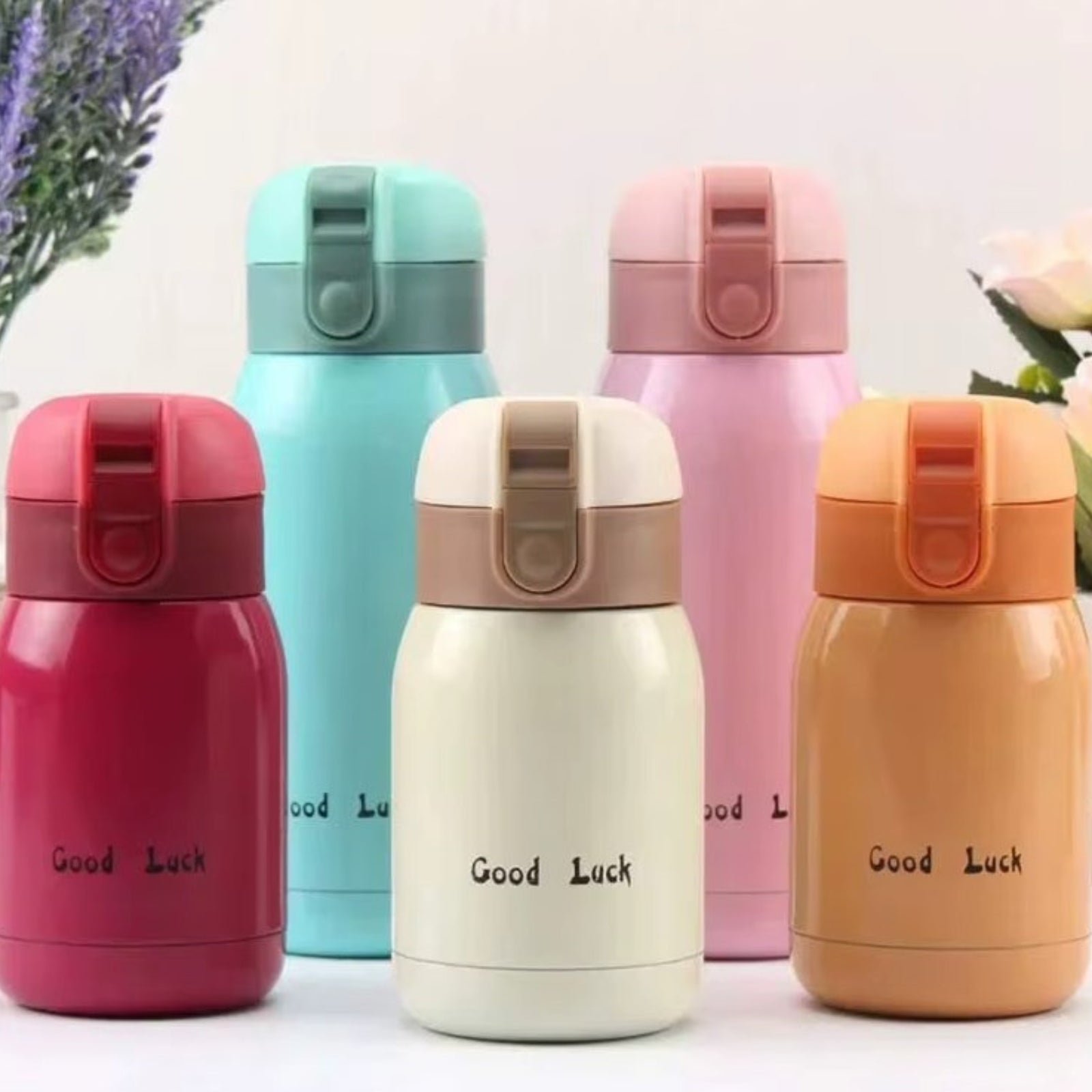 Mini Gourde Isotherme 200ml quatre tailles alignées - Rose - Blanc - Framboise - Turquoise - Orange