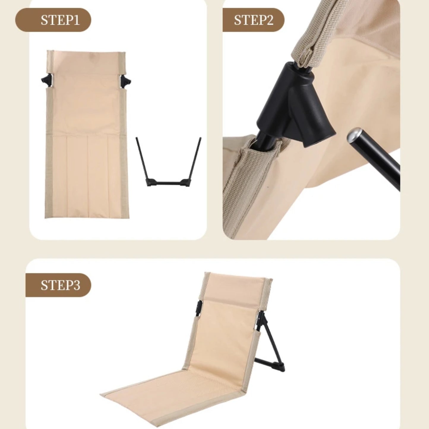 Chaise De Sol Randonnée étapes de montage - Vert Olive - Beige Clair - Marron et Beige - Noir Profond