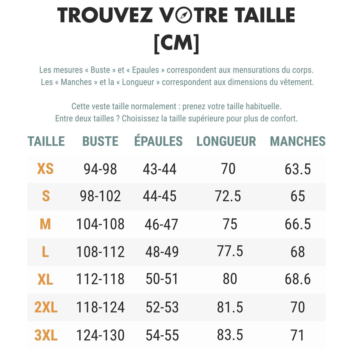 Veste Chaude Randonnée Homme guide des dimensions - Vert Fluo - Blanc - Bleu Marine - Rouge - Gris Anthracite - Bleu - Marron - Gris Clair - Noir - Noir et Gris - Beige - Vert Olive - Jaune - Vert Foncé
