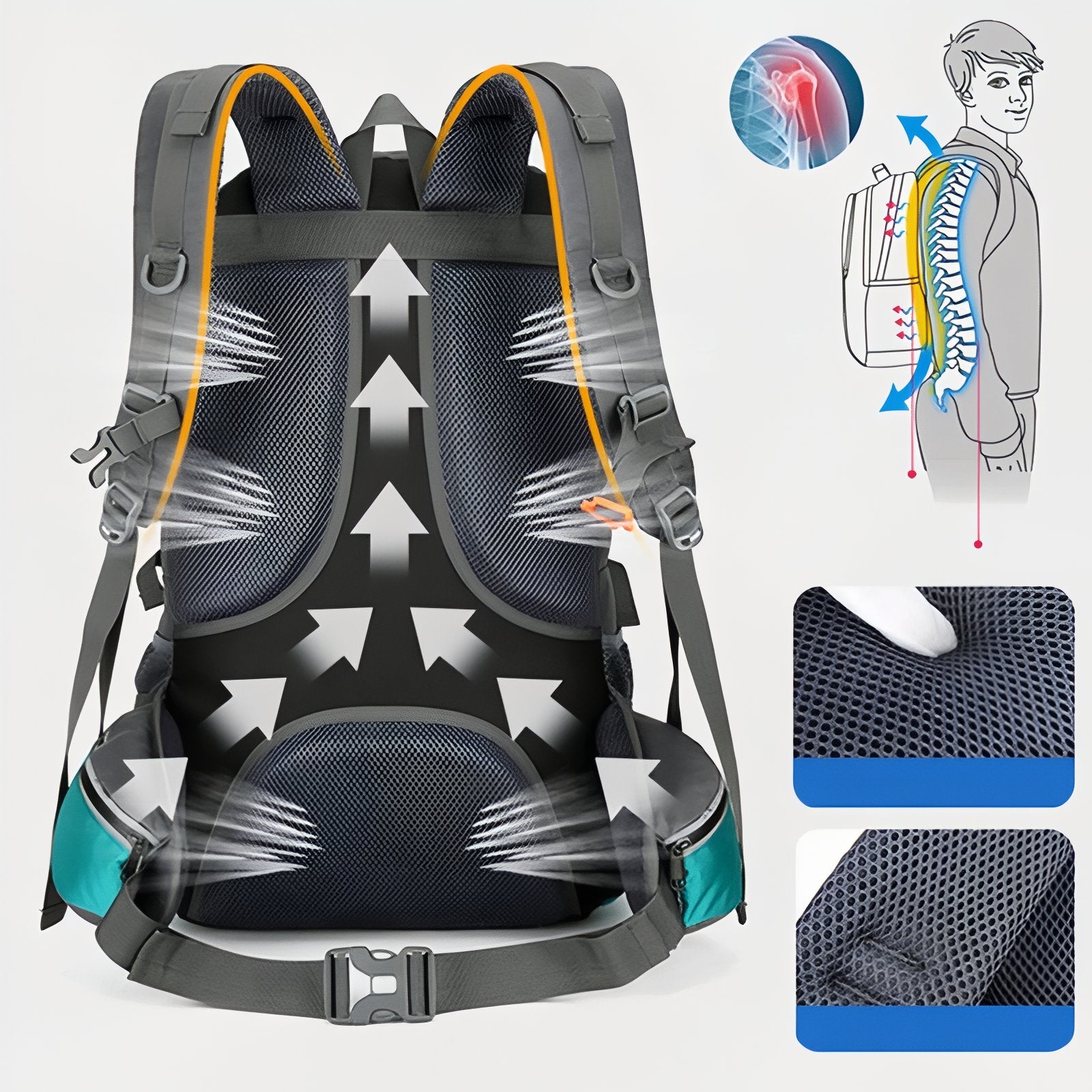 Sac à Dos Randonnée Multi-Poches 55L détail du dos - Turquoise et Gris - Gris Foncé et Noir - Gris Foncé et Bleu Marine - Noir Profond - Orange et Gris