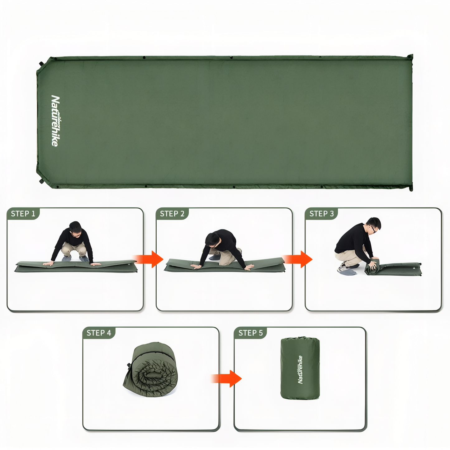 Matelas De Camping Autogonflant 1 Personne étapes de pliage - Vert Foncé - Gris Foncé - Beige Clair