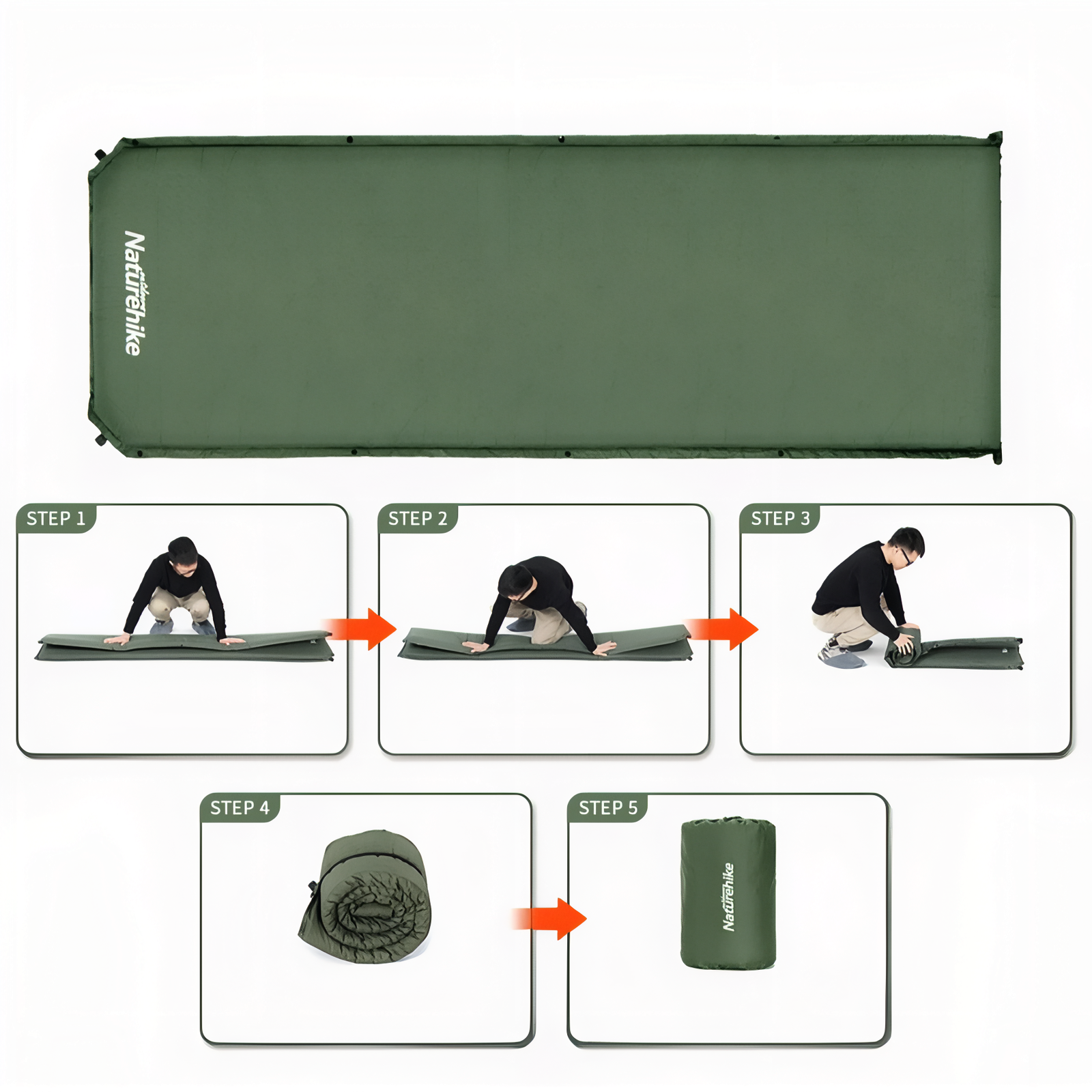 Matelas De Camping Autogonflant 1 Personne étapes de pliage - Vert Foncé - Gris Foncé - Beige Clair