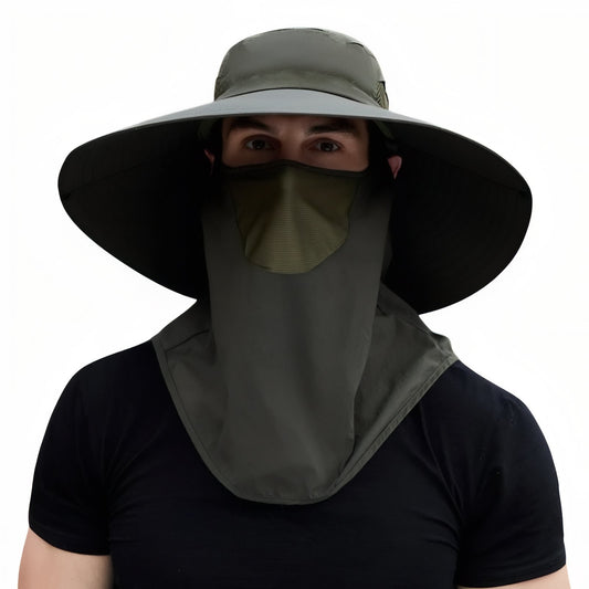 Chapeau Randonnée Anti-UV Homme - Vert Olive - Avec protection cou & visage