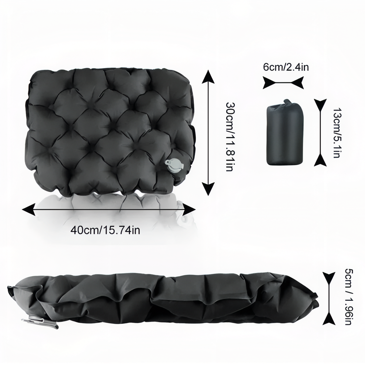 Coussin Assise Gonflable Ultra Léger guide des dimensions - Gris Anthracite