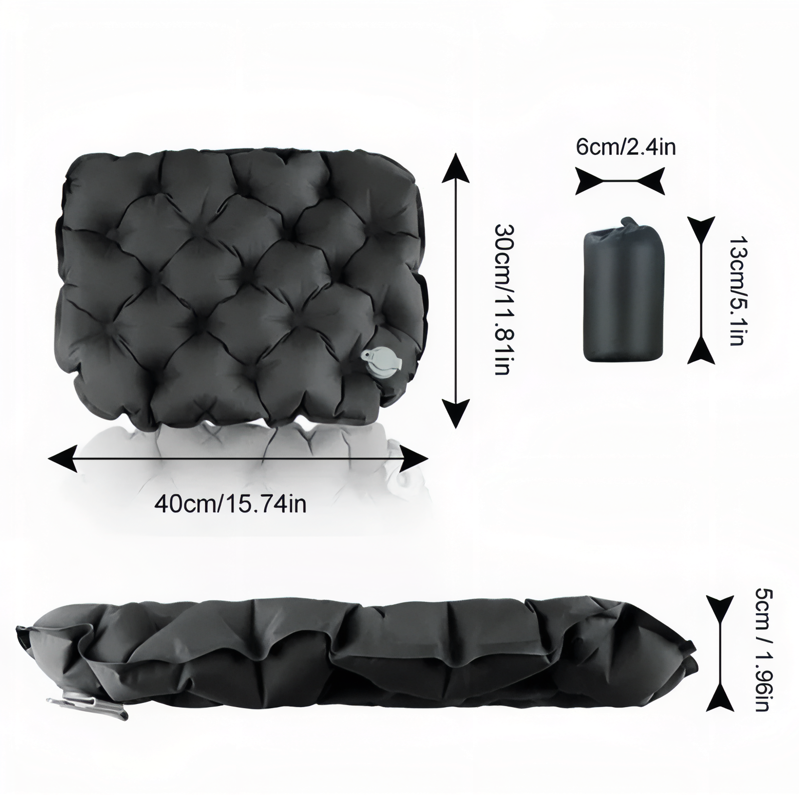 Coussin Assise Gonflable Ultra Léger guide des dimensions - Gris Anthracite