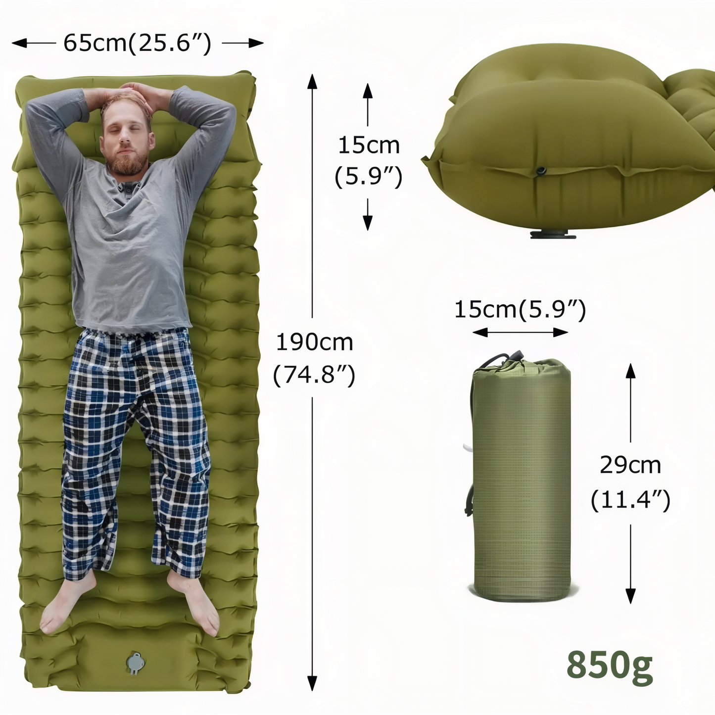 Matelas Gonflable Camping 65 cm De Large guide des dimensions - Vert Olive - Bleu Nuit