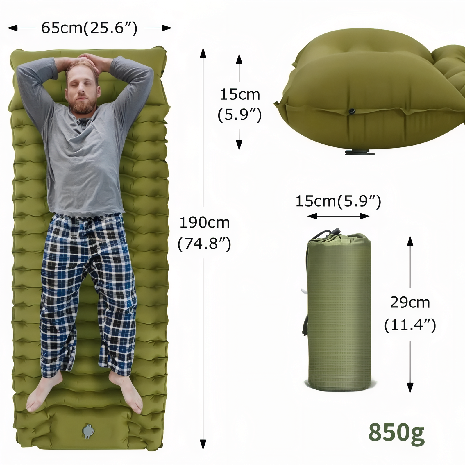 Matelas Gonflable Camping 65 cm De Large guide des dimensions - Vert Olive - Bleu Nuit