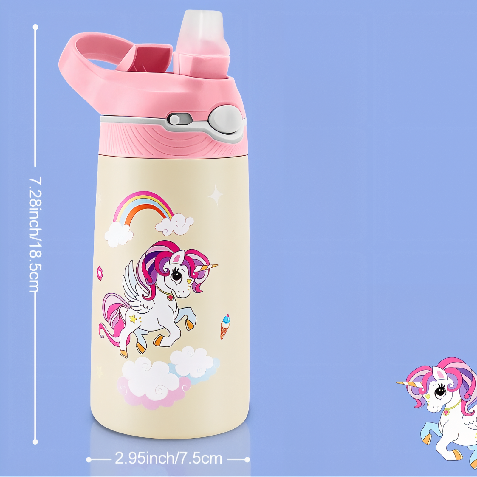 Gourde Enfant Lion 400ML guide des dimensions - Bleu Ciel et Crème