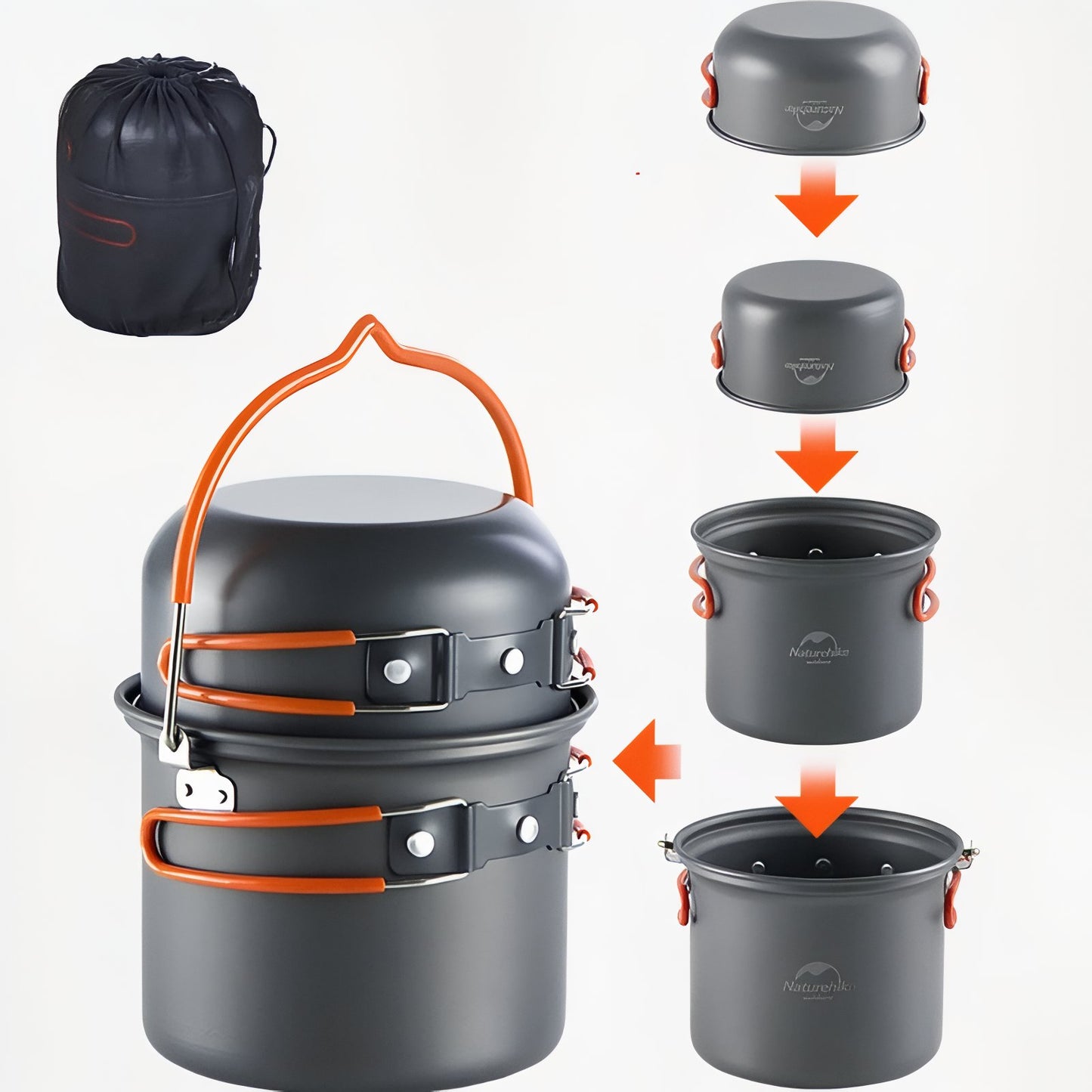 Kit Popote Randonnée empilement de casseroles - 4 en 1