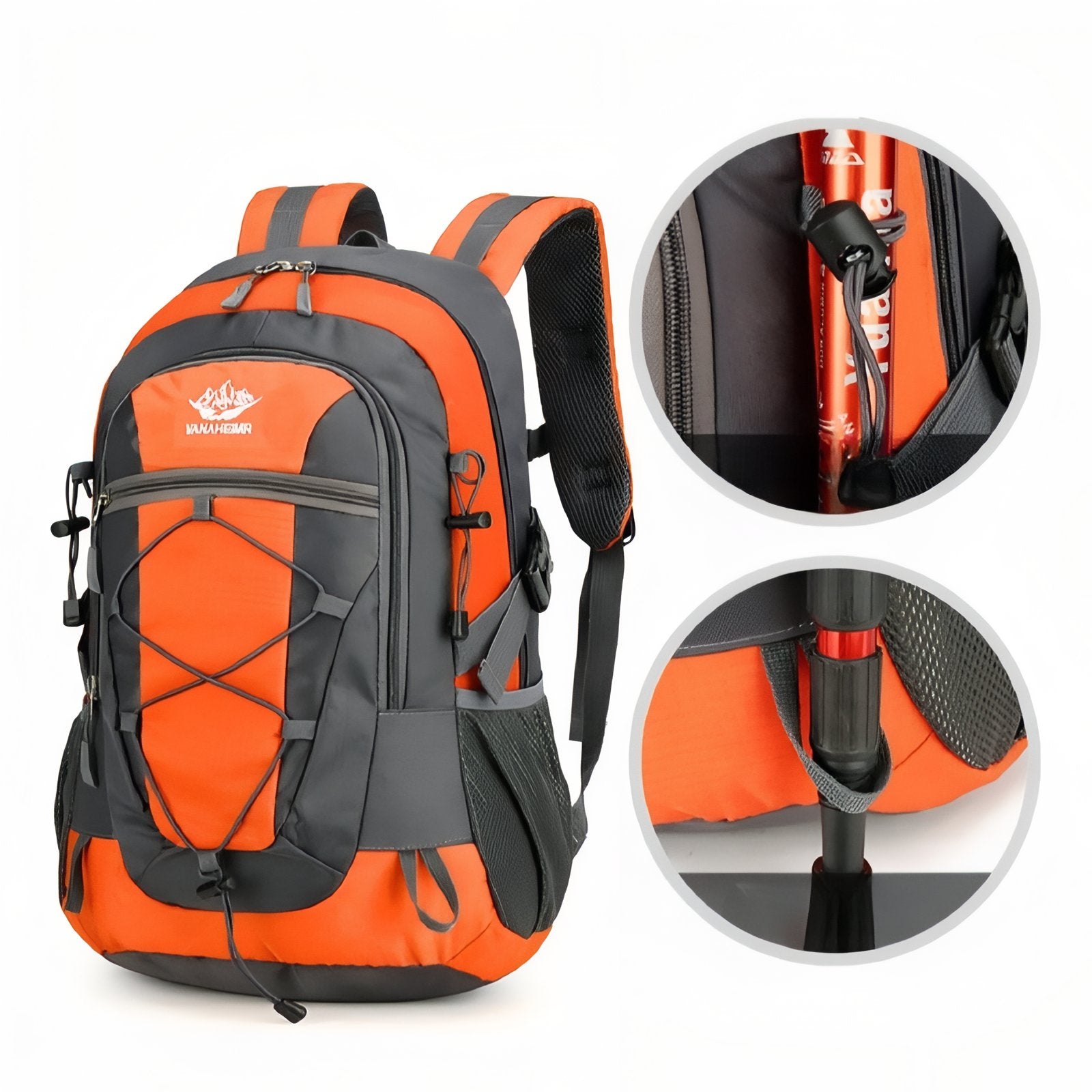 Sac à Dos Léger Pour Randonnée 30L gros plan sur détails - Orange et Gris - Vert Foncé et Gris - Gris Foncé et Bleu Marine - Bleu et Gris - Rouge et Gris - Noir Charbon