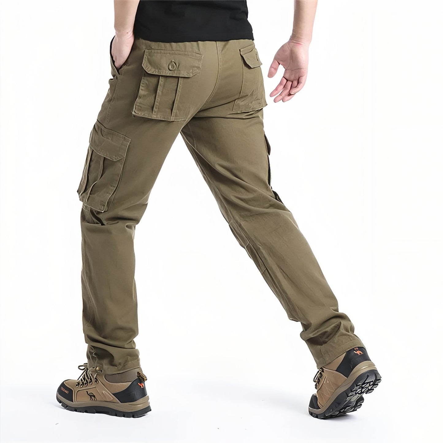 Pantalon Cargo Randonnée Homme portée de dos - Beige Clair - Vert Armée - Beige Olive - Gris Foncé - Noir Profond
