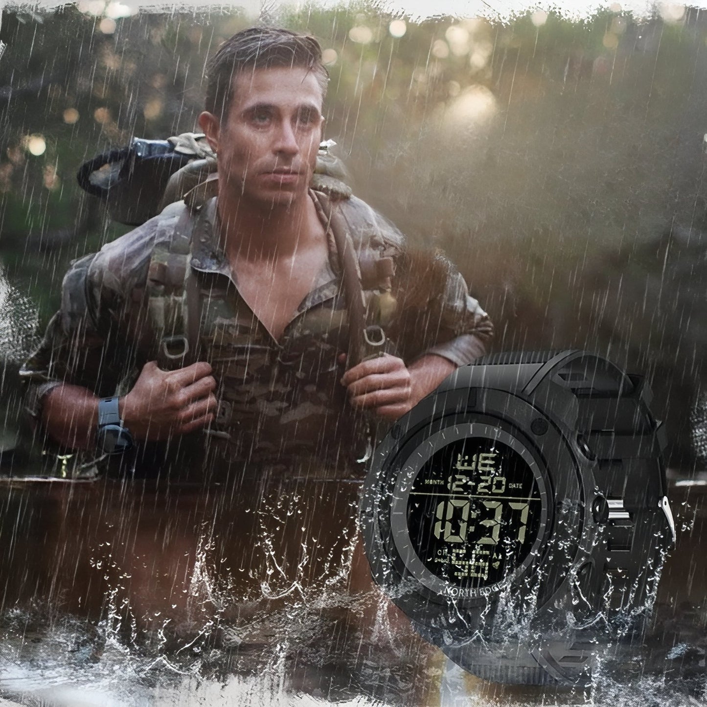 Montre Homme Randonnée portée au poignet - Noir Mat - Noir et Vert Olive