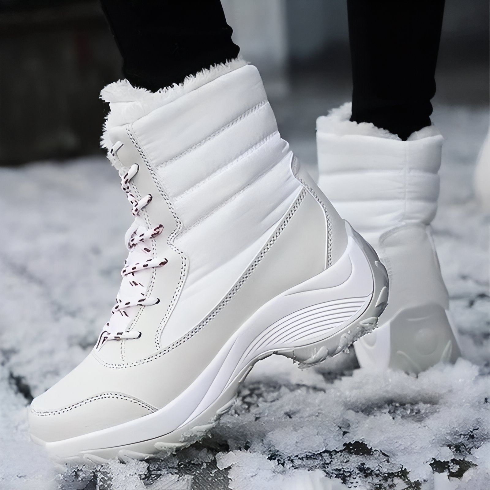 Bottes Randonnée Neige Femme portée sur neige - Bleu Marine et Blanc - Noir et Blanc - Beige et Blanc - Beige et Rouge