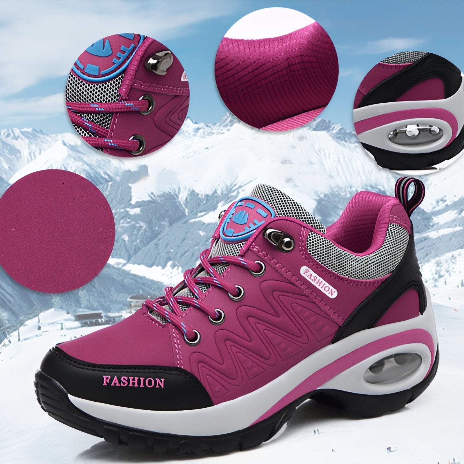 Basket Confortable Marche Femme gros plan matière - Violet Fuchsia - Noir et Rose - Rose et Noir
