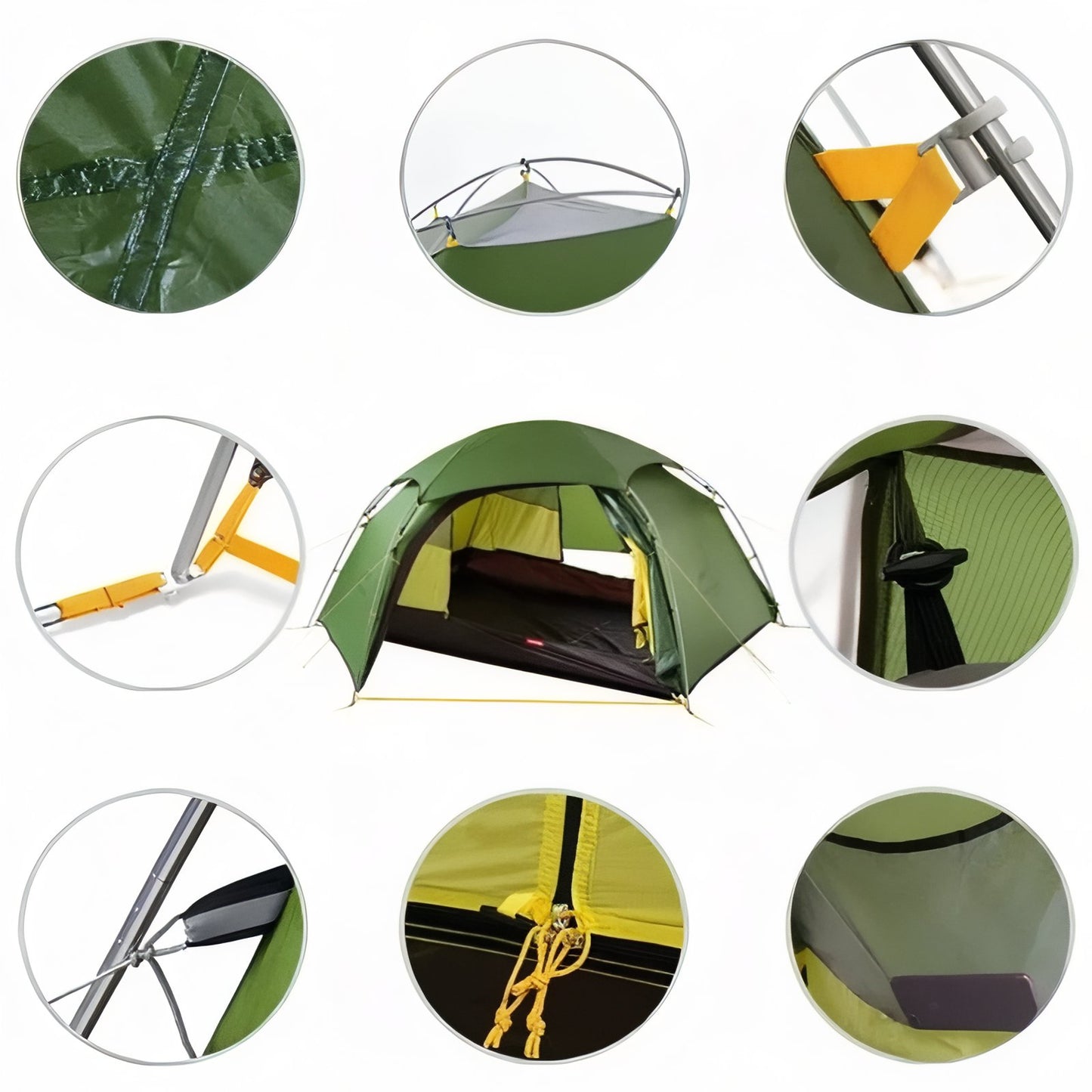 Tente Dôme 2 Places gros plan détails structure - Jaune et Gris - Vert Olive et Jaune