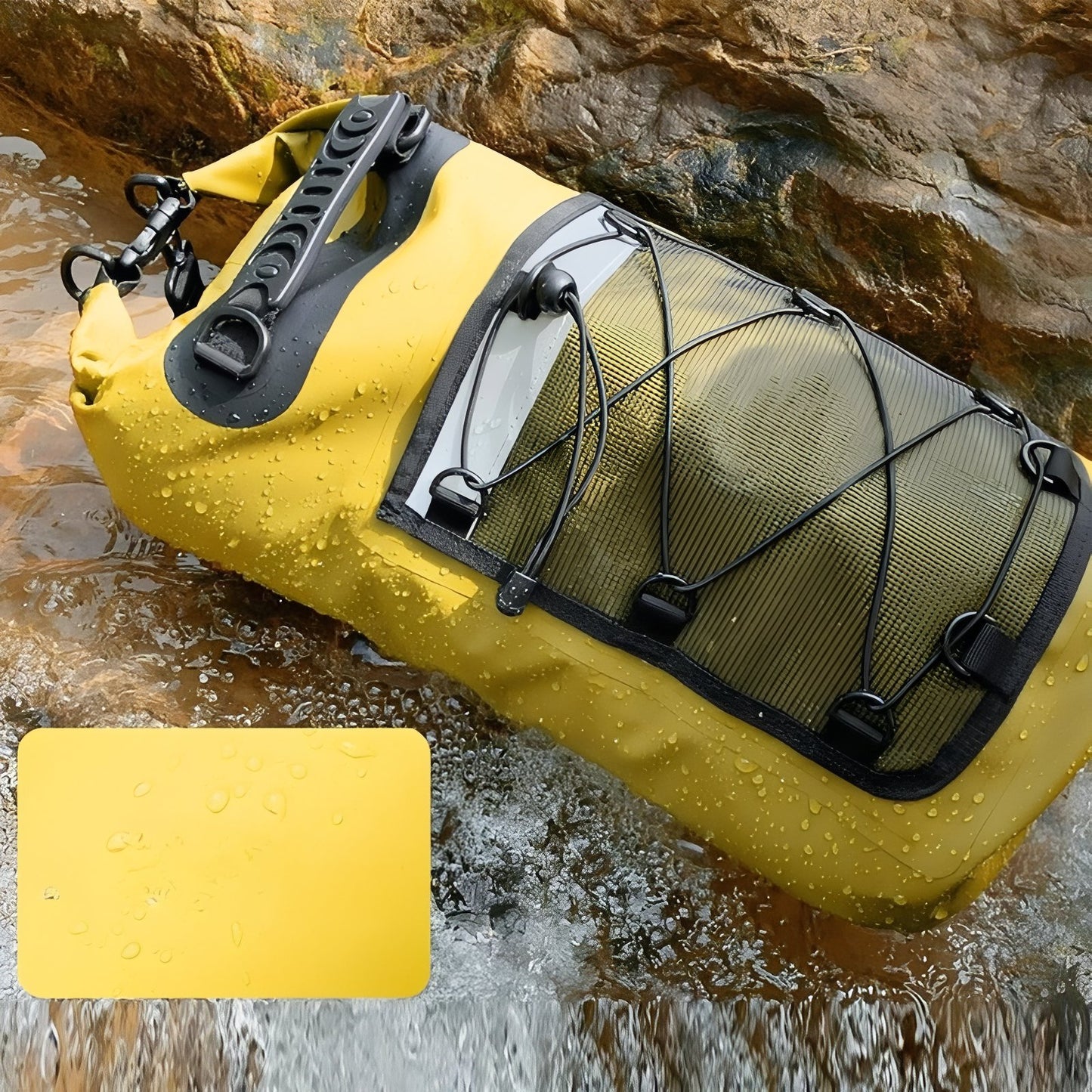 Sac Étanche Pour Randonnée gros plan sur le produit - Jaune - Vert - Noir