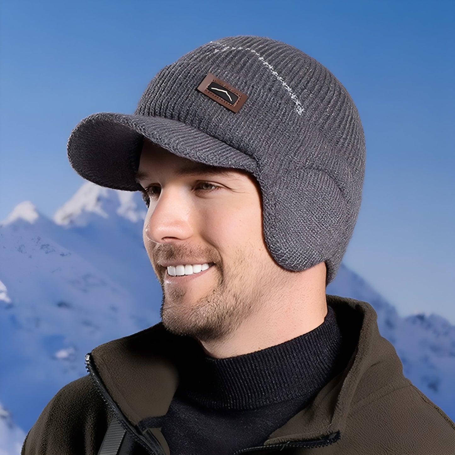 Bonnet Casquette Hiver Homme portée sur la tête - Gris Clair - Noir Ébène - Marron Clair - Bleu Marine - Beige Clair - Gris Foncé