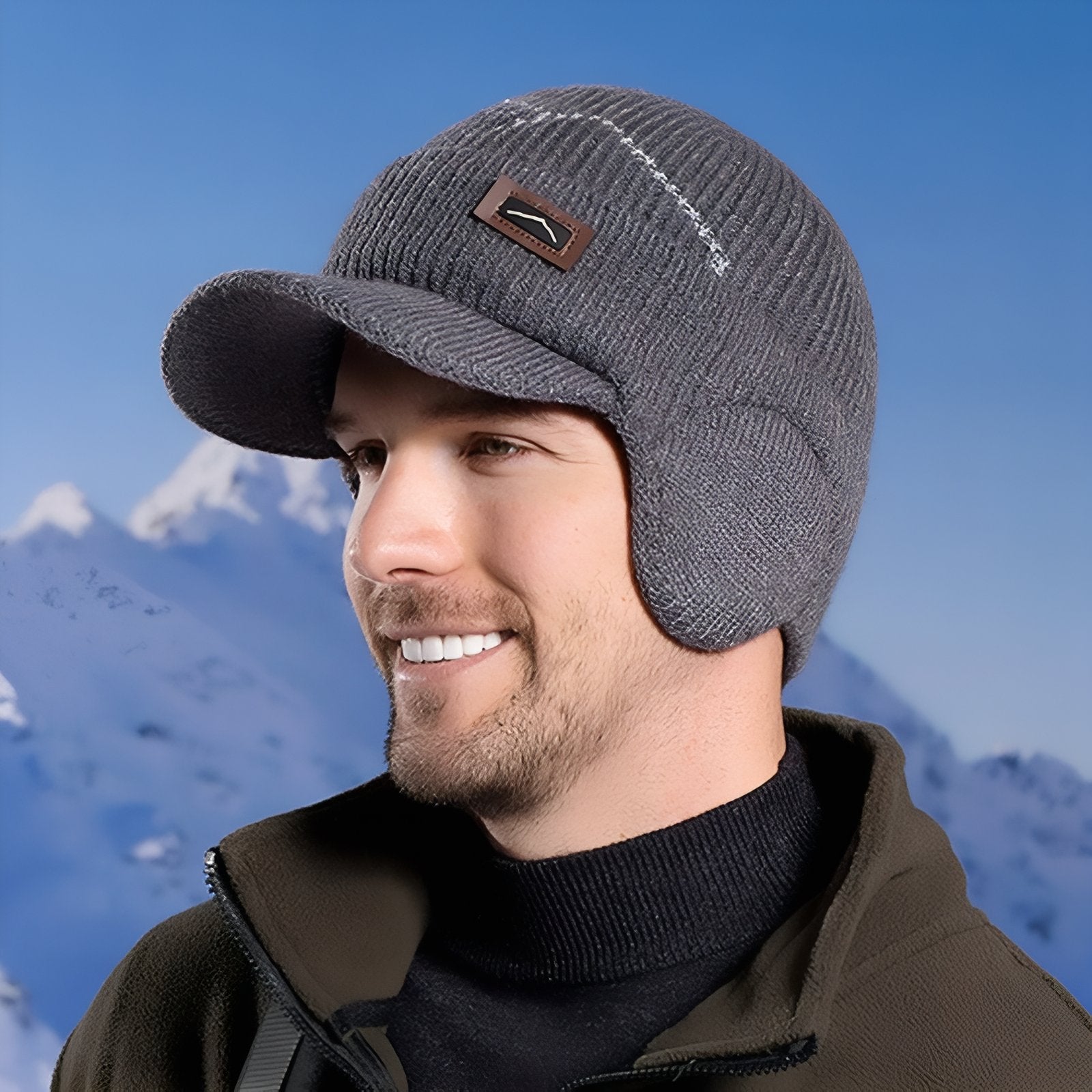 Bonnet Casquette Hiver Homme portée sur la tête - Gris Clair - Noir Ébène - Marron Clair - Bleu Marine - Beige Clair - Gris Foncé