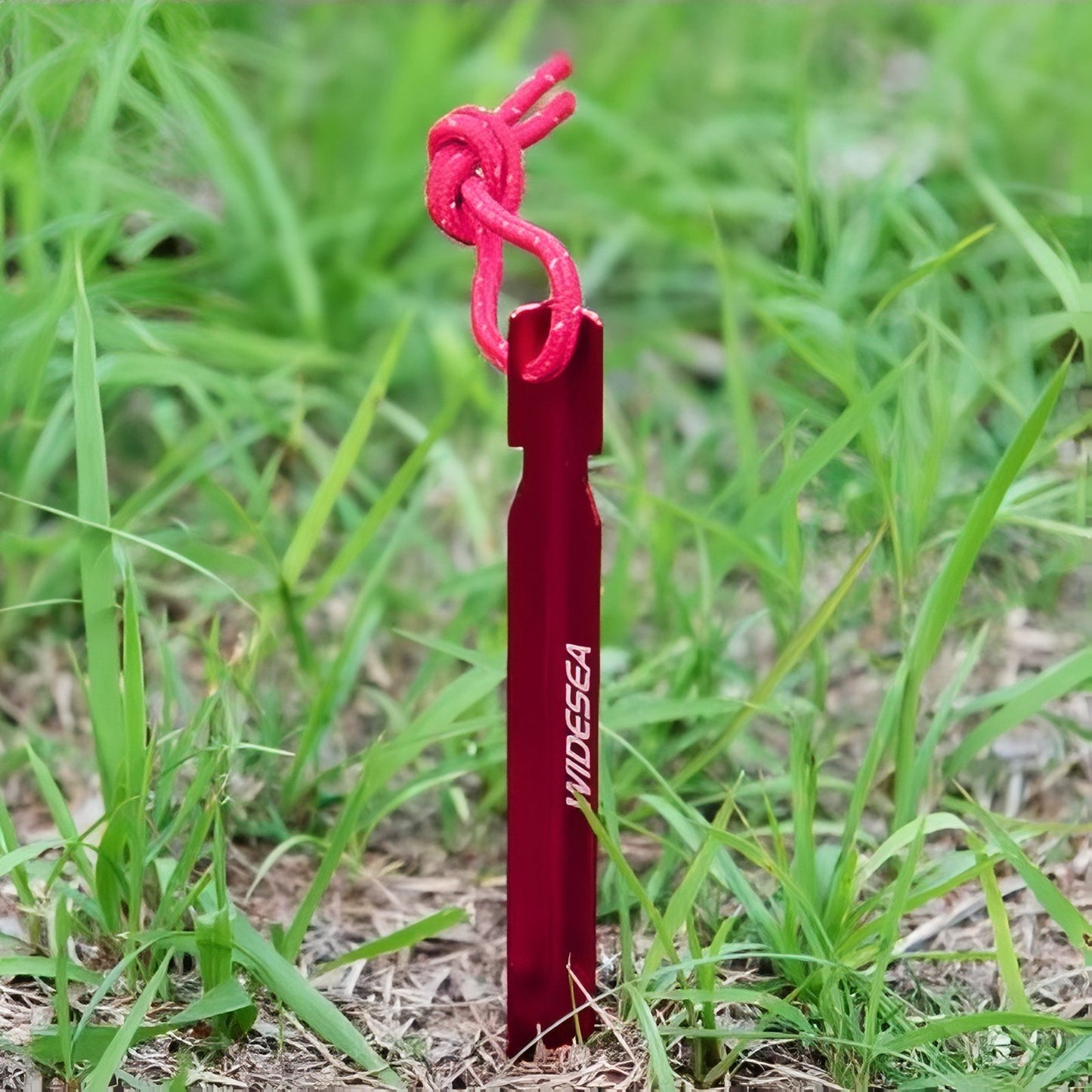Piquet De Tente Aluminium 18cm mise en situation dans l'herbe - Rouge - Bleu - Noir - Gris - Doré
