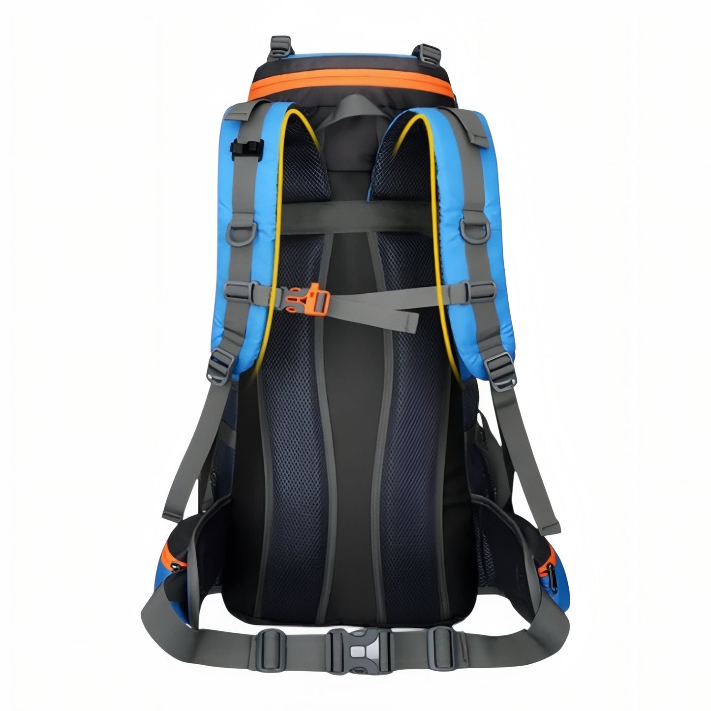 Sac à Dos Randonnée Homme 70L vue arrière avec sangle - Noir Profond - Bleu Ciel - Bleu - Rouge Cerise - Orange et Noir - Bleu Marine