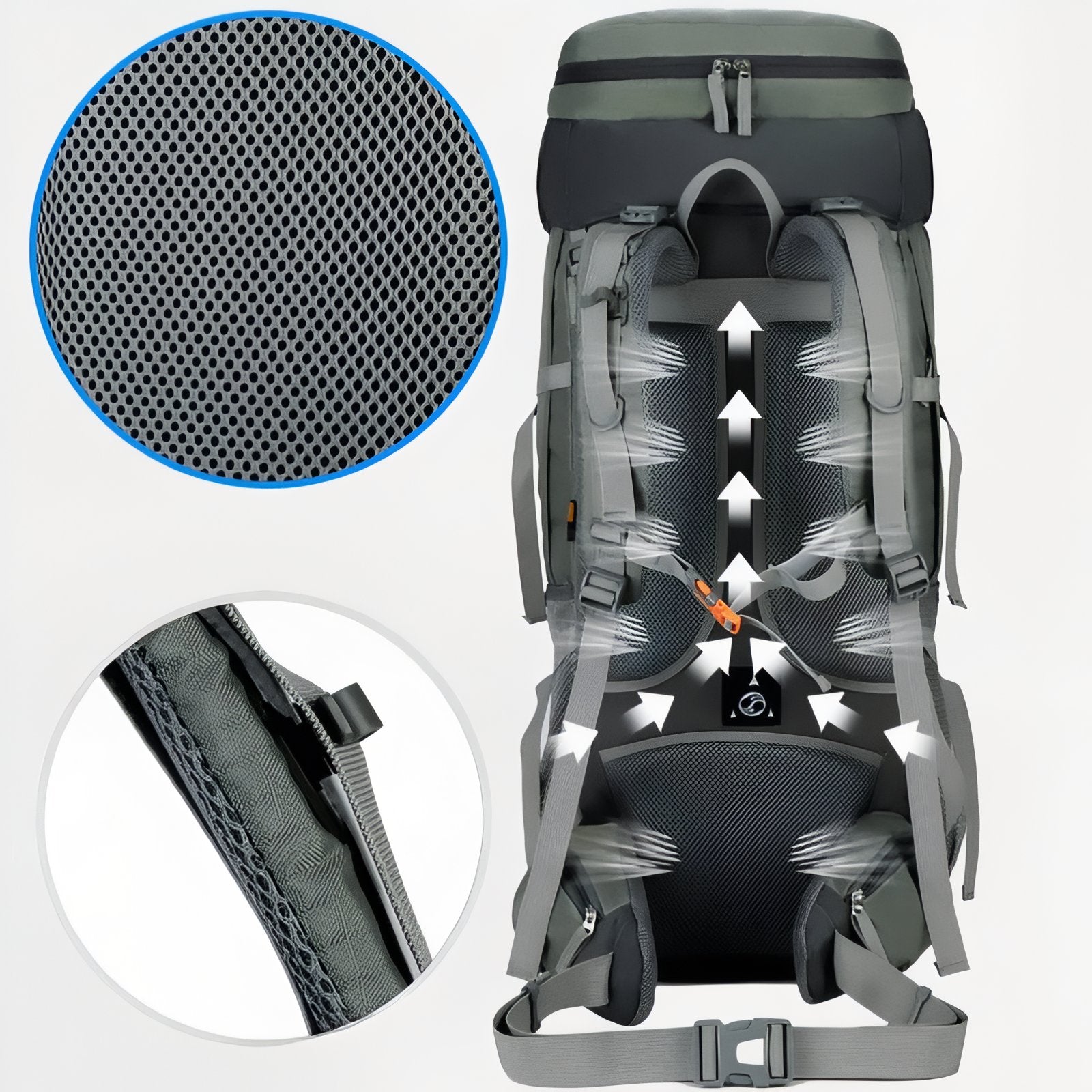 Sac à Dos Imperméable Randonnée 75L gros plan matière respirante - Vert Foncé - Bleu Marine - Bleu Océan - Noir