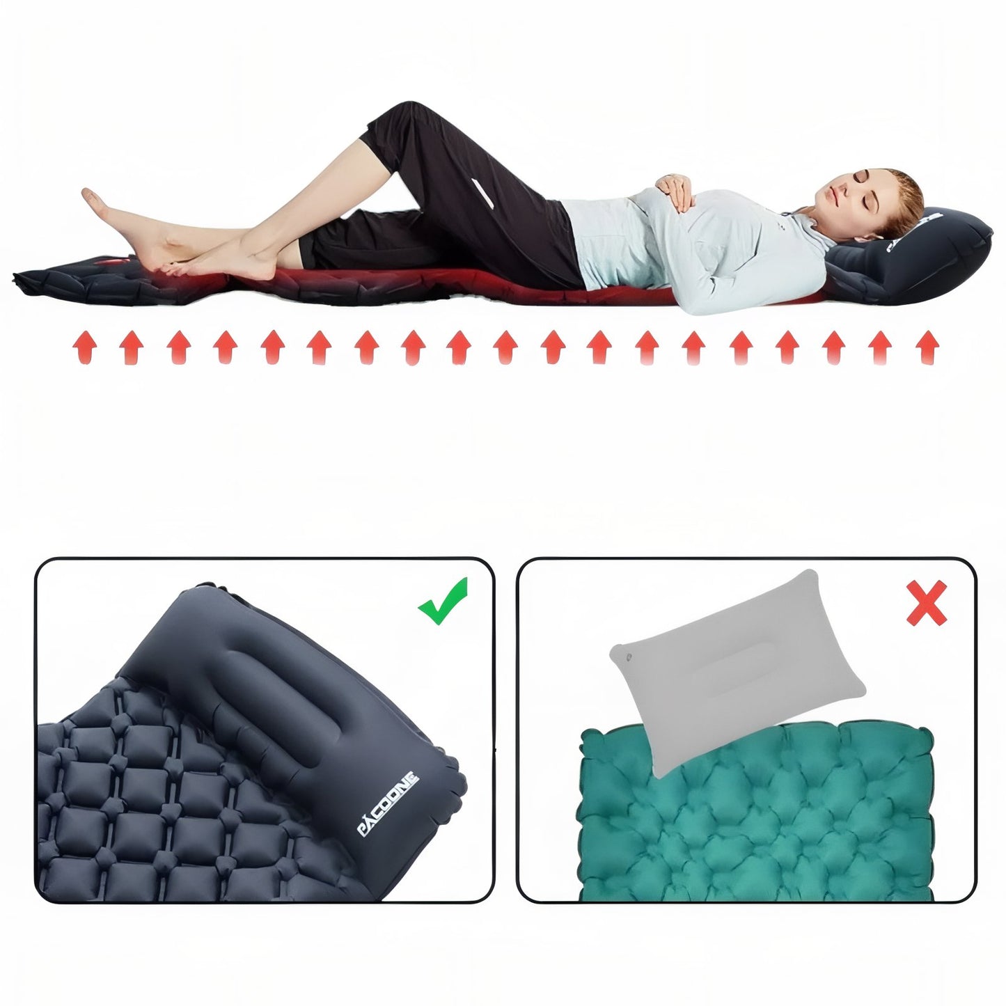 Matelas Gonflable Avec Coussin 1 Personne mise en situation - Bleu Nuit - Orange Fluo - Bleu - Gris - Gris Camouflage