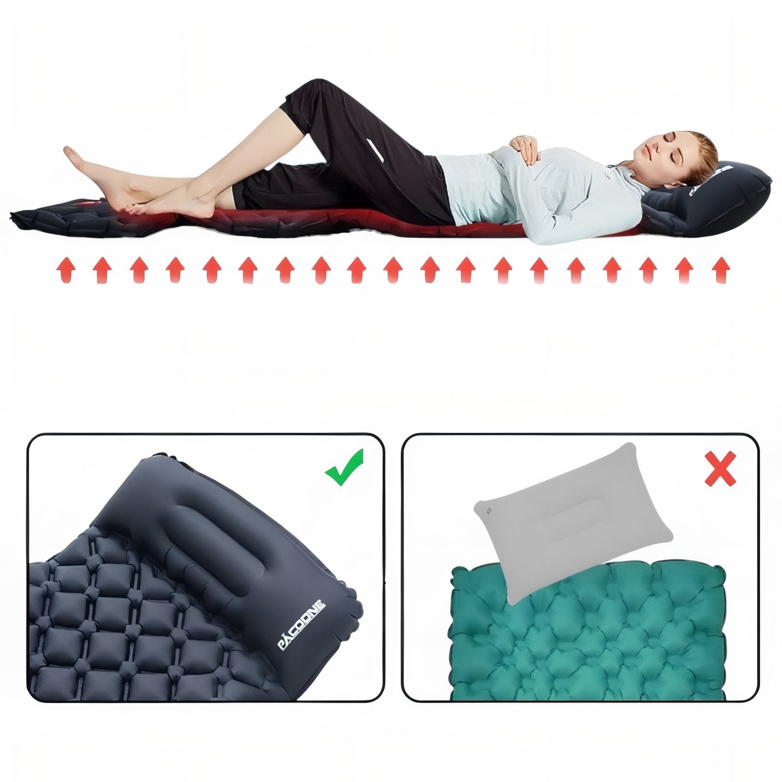 Matelas Gonflable Avec Coussin 1 Personne mise en situation - Bleu Nuit - Orange Fluo - Bleu - Gris - Gris Camouflage