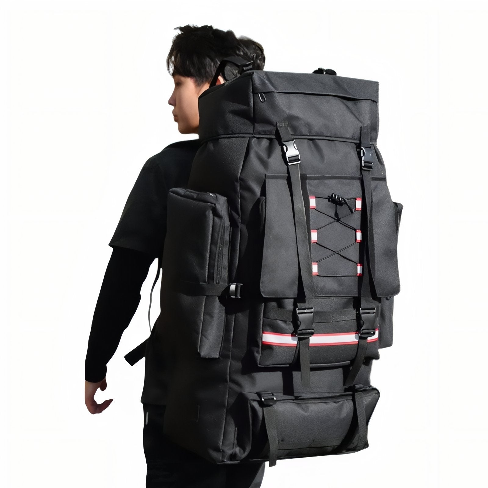 Sac Trek 130L portée sur le dos - Kaki - Bleu Marine - Vert Camouflage - Vert Olive - Noir - Gris