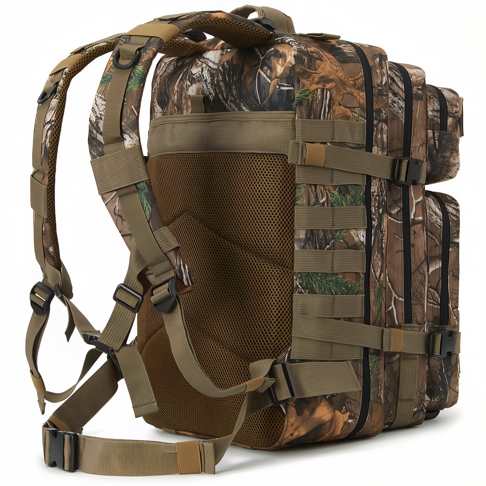 Sac à Dos Camouflage 45L gros plan sangle et dos - Noir et Gris - Gris et Beige - Vert Olive et Beige - Noir - Marron et Vert Forêt - Marron Beige