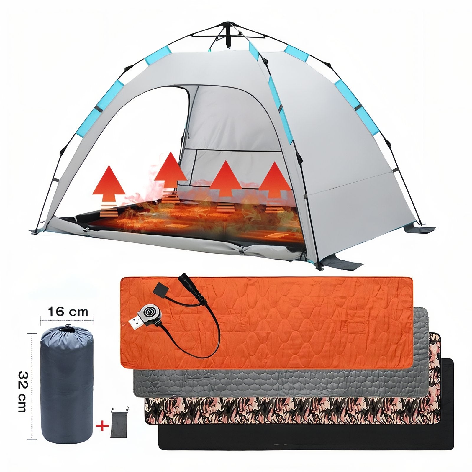 Tapis Chauffant Camping USB mise en situation tente - Noir - Gris Anthracite - Orange Fluo