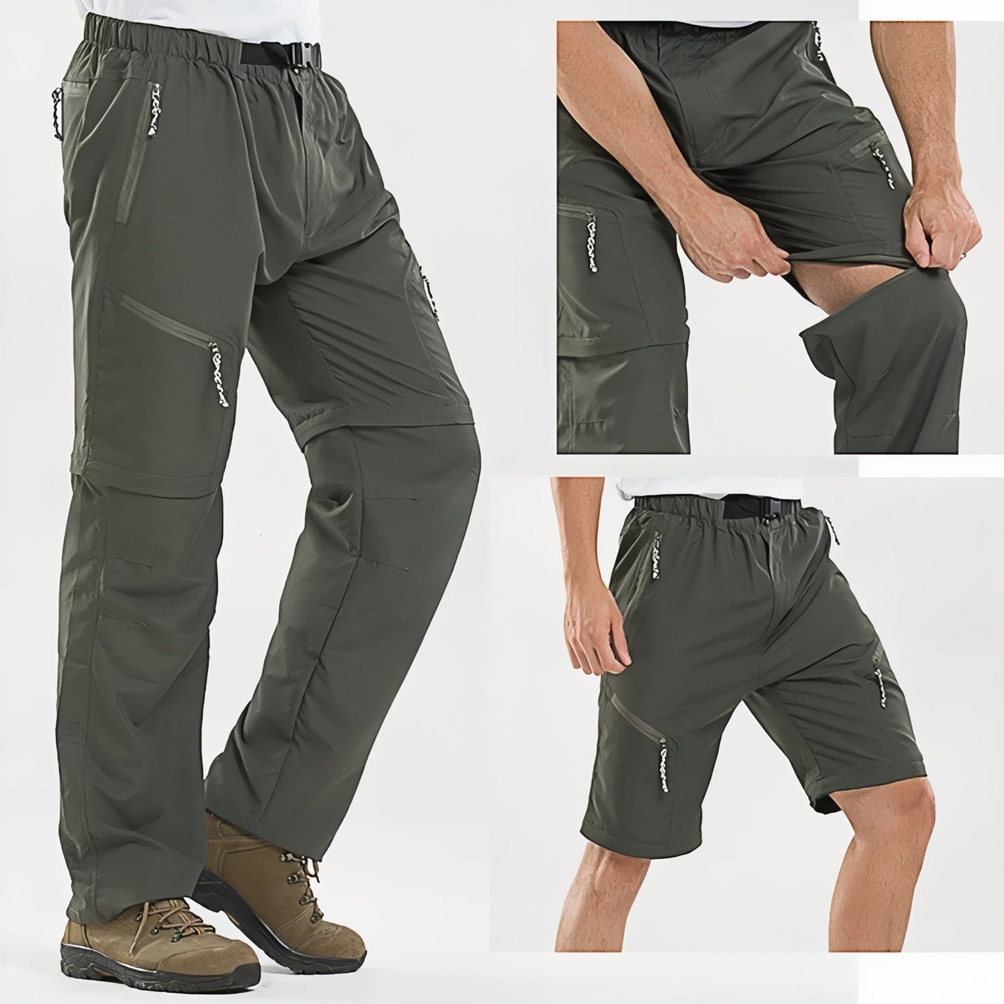 Pantalon Modulable Randonnée détail de la transformation - Noir - Vert Olive - Gris Foncé