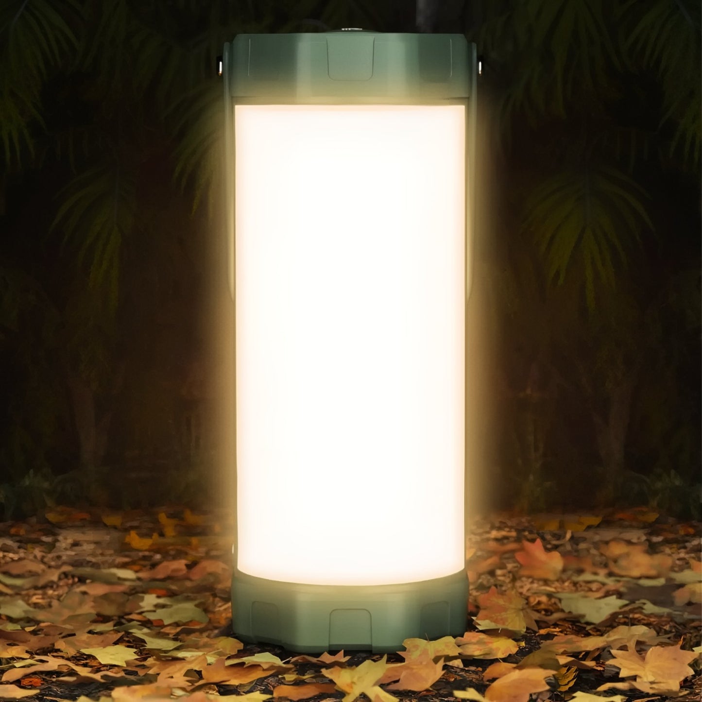 Lanterne Puissante Rechargeable 106 Leds mise en situation extérieure - Blanc et Vert Olive