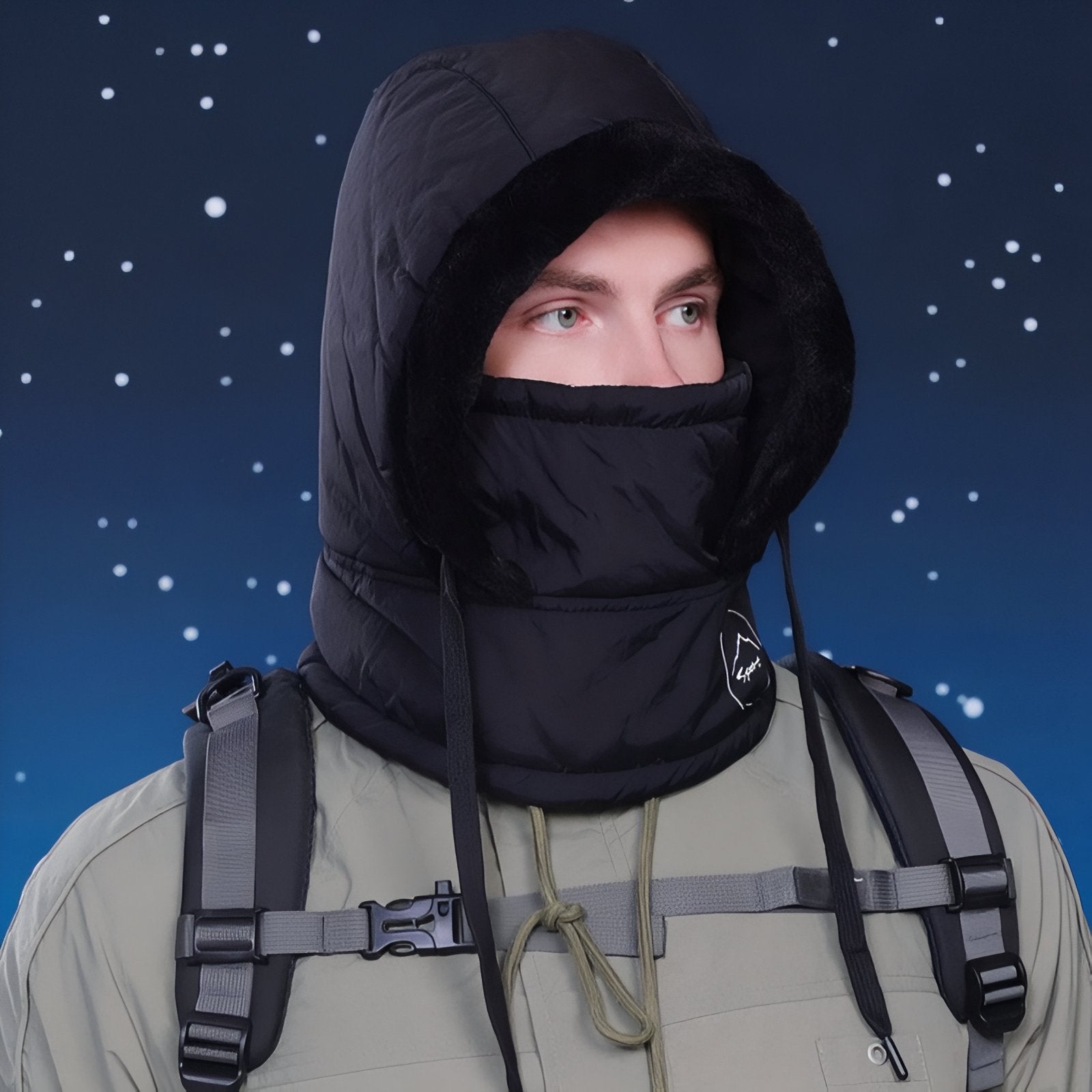 Cagoule Chaude Bataclava portée par un modèle - Gris Clair - Beige - Noir Ébène - Bleu Marine - Marron - Gris Foncé - Rose Pâle - Blanc