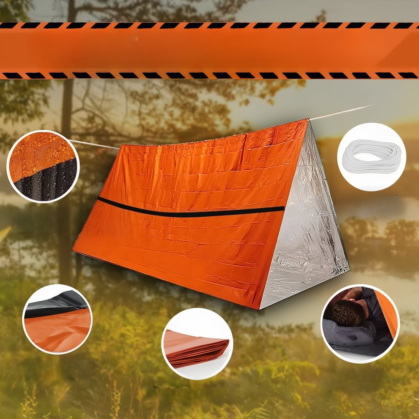 Tente Bivouac Survie gros plan détails produit - Orange et Argent - Vert Olive