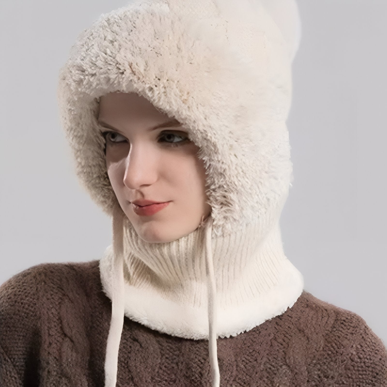 Cagoule Femme Hiver portée sur la tête - Marron - Noir - Blanc Crème - Rose Poudré - Gris Clair - Beige