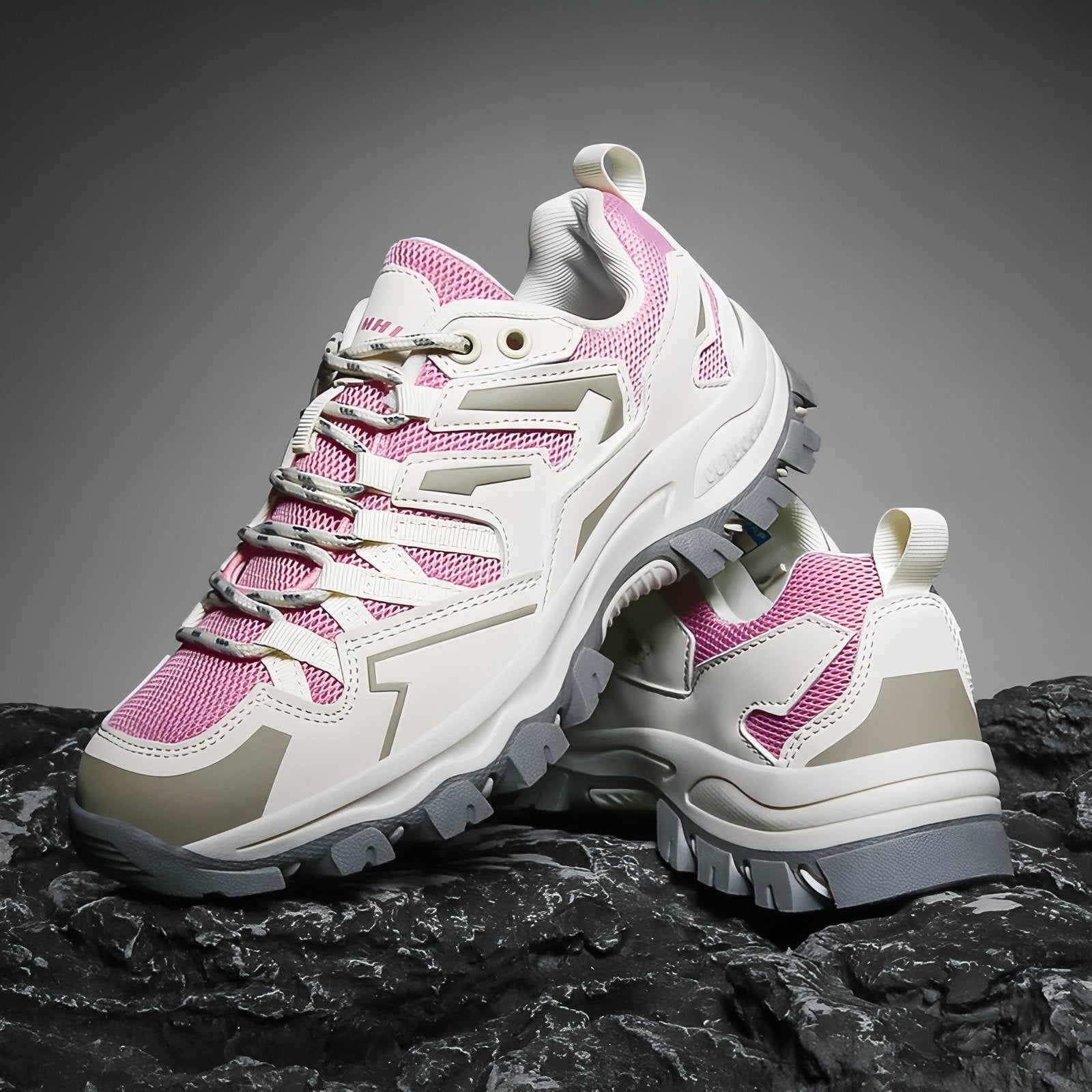 Chaussure Randonnée Femme Basse gros plan sur la chaussure - Rose et Gris - Beige et Corail