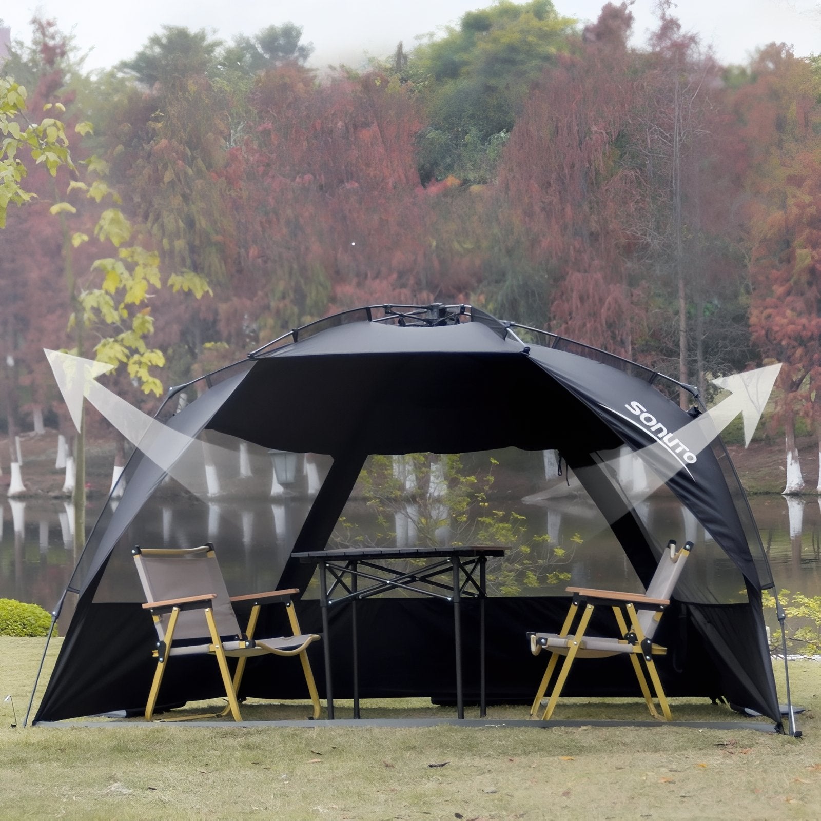 Tente Abris Soleil 4 Personnes mise en situation extérieure - Noir Mat - Beige Clair