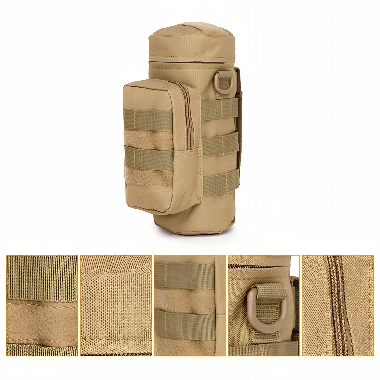 Porte Gourde Militaire gros plan fermeture zippée - Beige Sable - Beige et Gris - Beige Camouflage - Vert Olive - Vert Camouflage - Noir