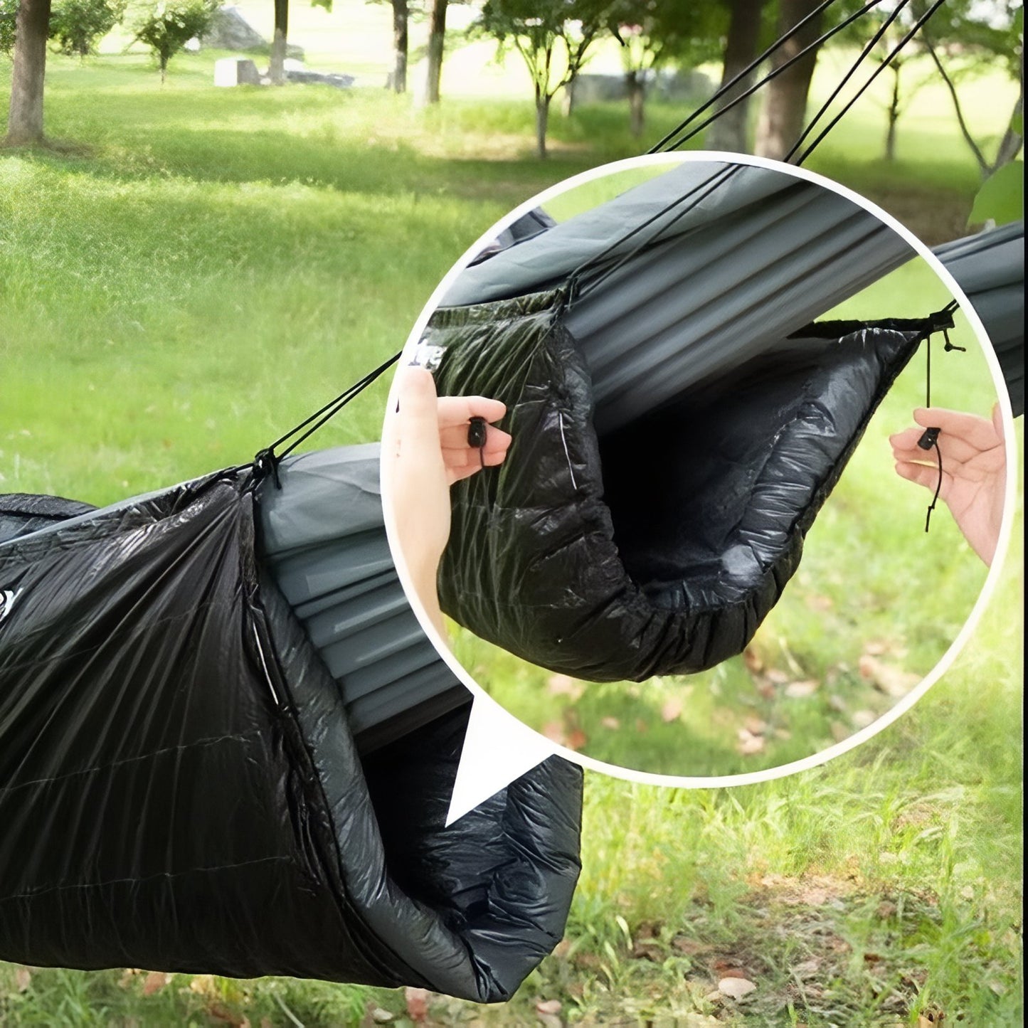 Sac De Couchage Hamac gros plan compartiment ouvert - Vert Émeraude - Noir et Gris