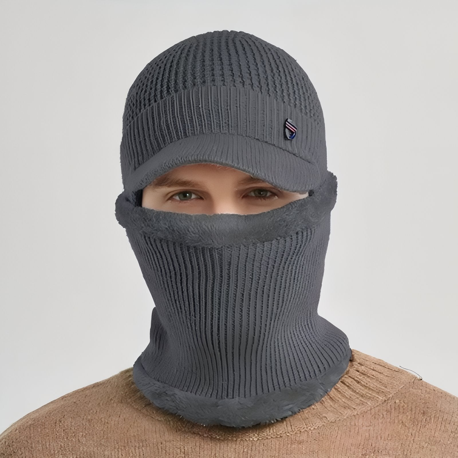 Casquette Cagoule Homme portée sur le visage - Gris Foncé - Noir Ébène - Beige Sable - Gris Clair - Bleu Marine