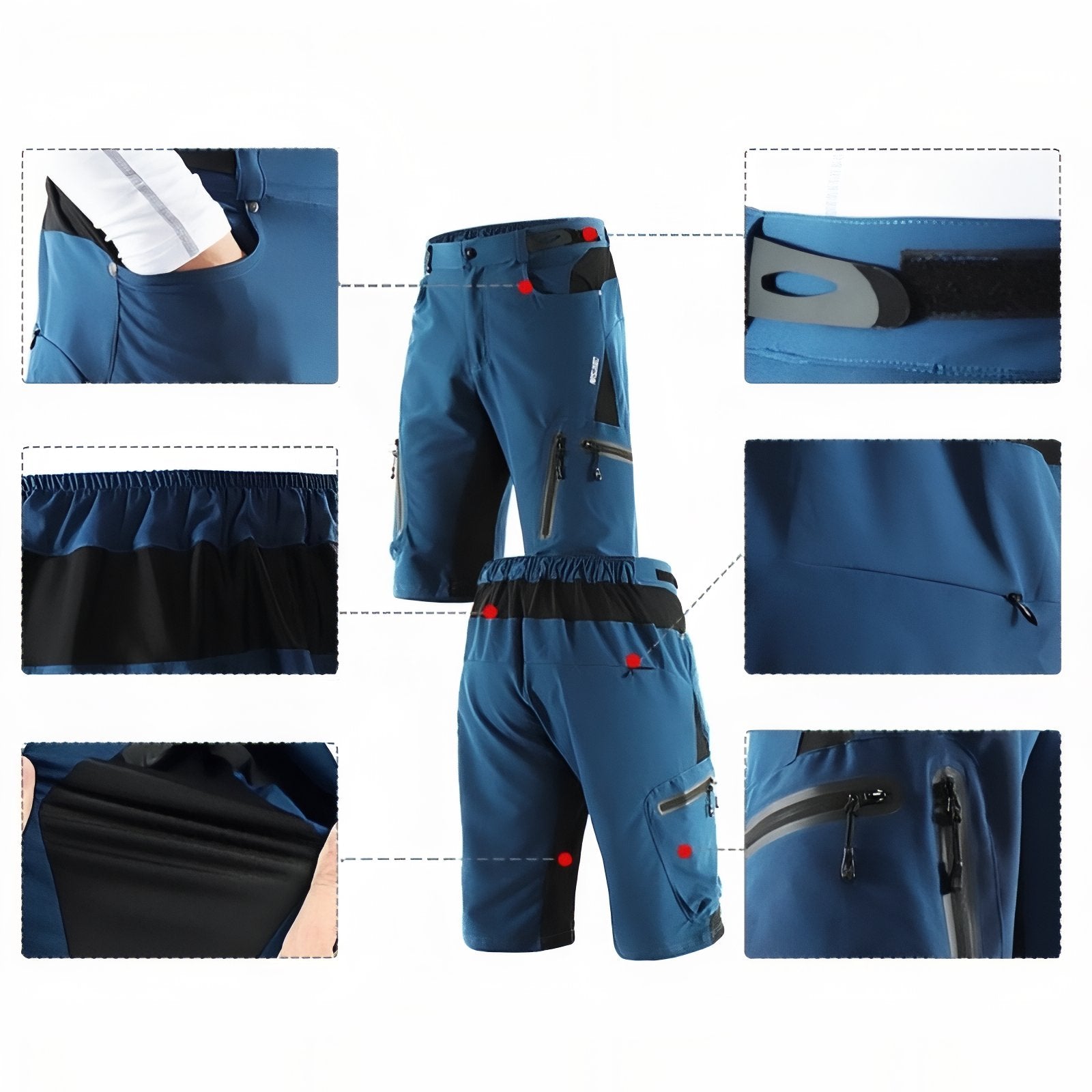 Short de Randonnée Homme Avec Poches gros plan fermeture zippée - Bleu Océan - Vert Olive - Bordeaux - Gris Anthracite - Orange Fluo - Noir - Bleu Ciel