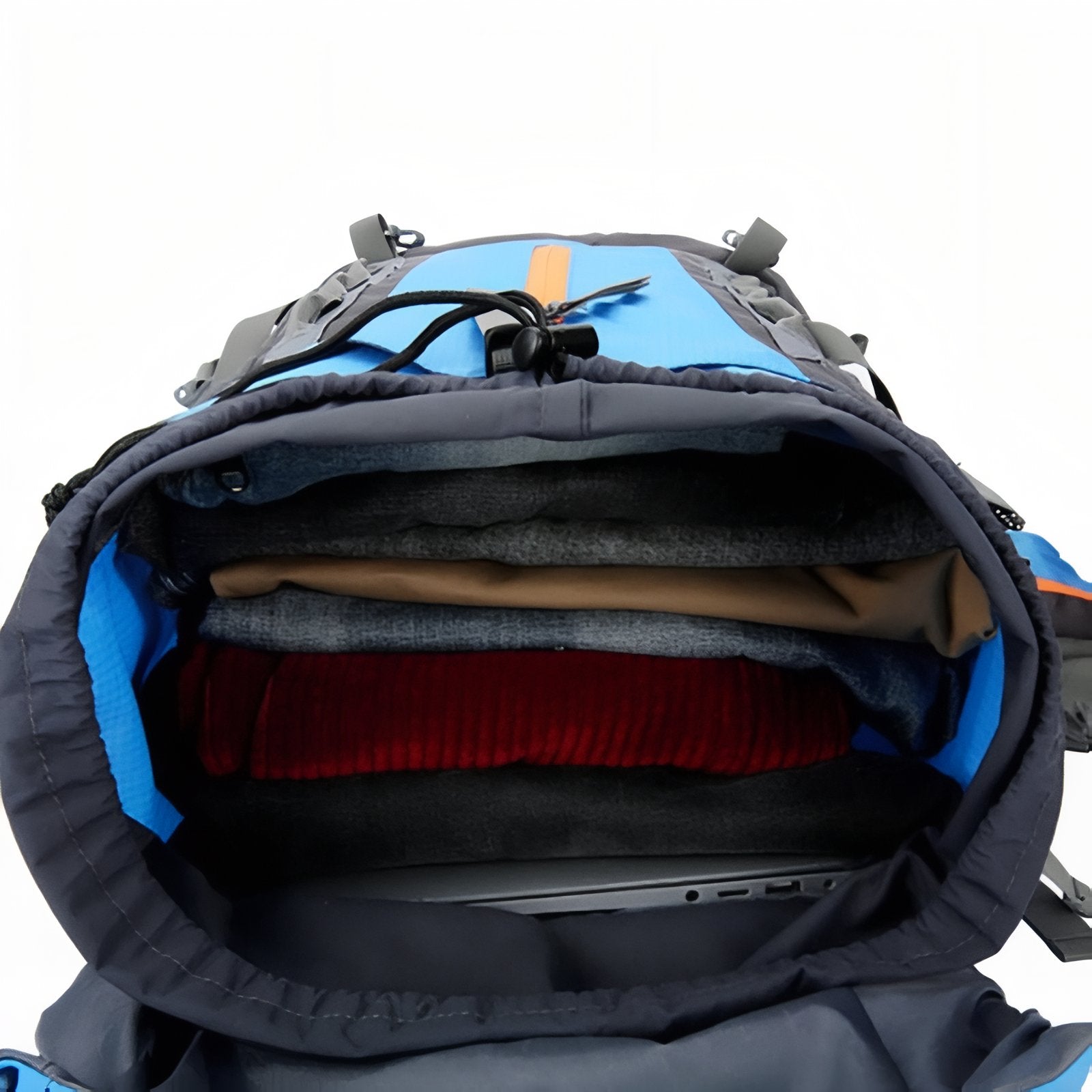 Sac à Dos Randonnée Homme 70L compartiment ouvert - Noir Profond - Bleu Ciel - Bleu - Rouge Cerise - Orange et Noir - Bleu Marine