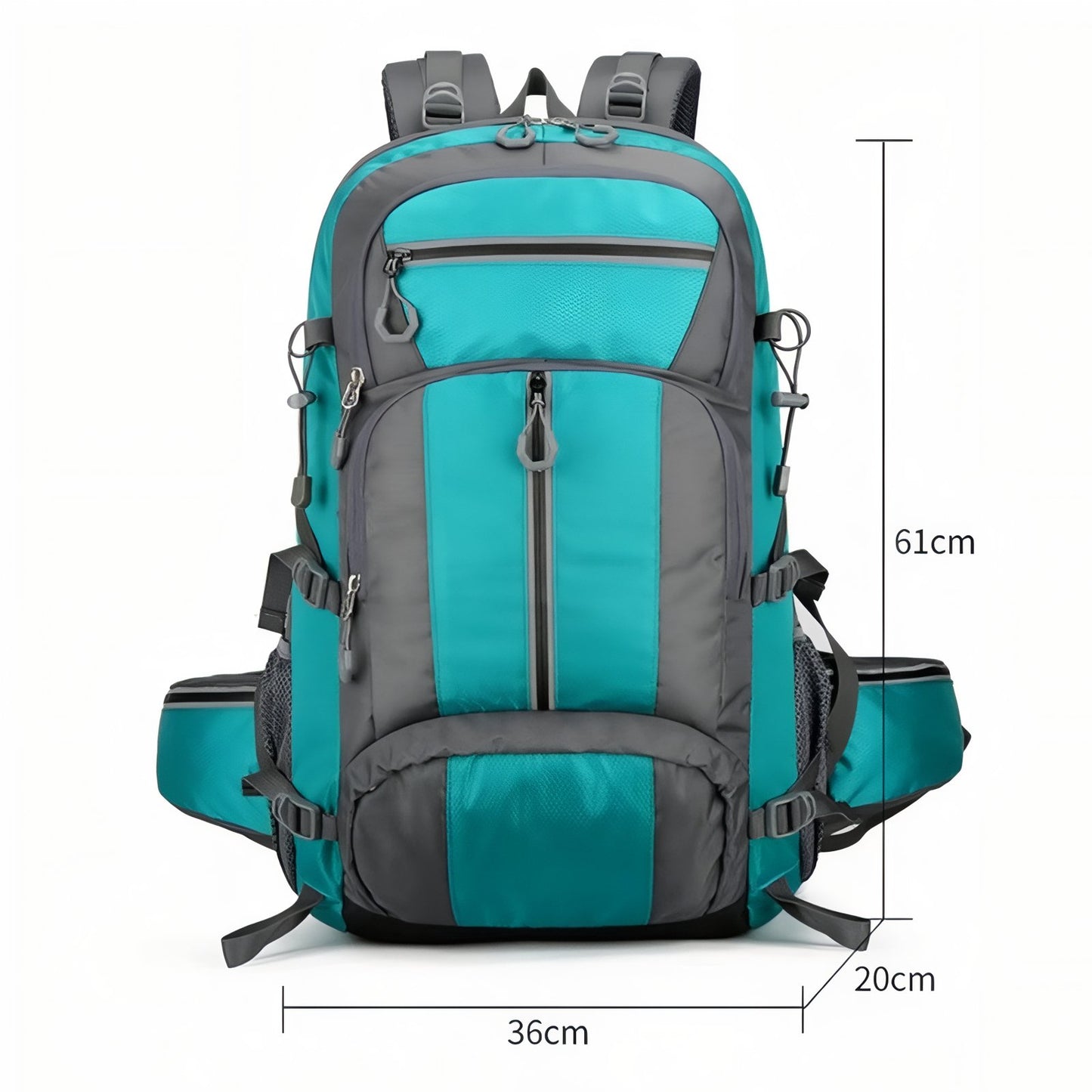 Sac à Dos Randonnée Multi-Poches 55L dimensions affichées - Turquoise et Gris