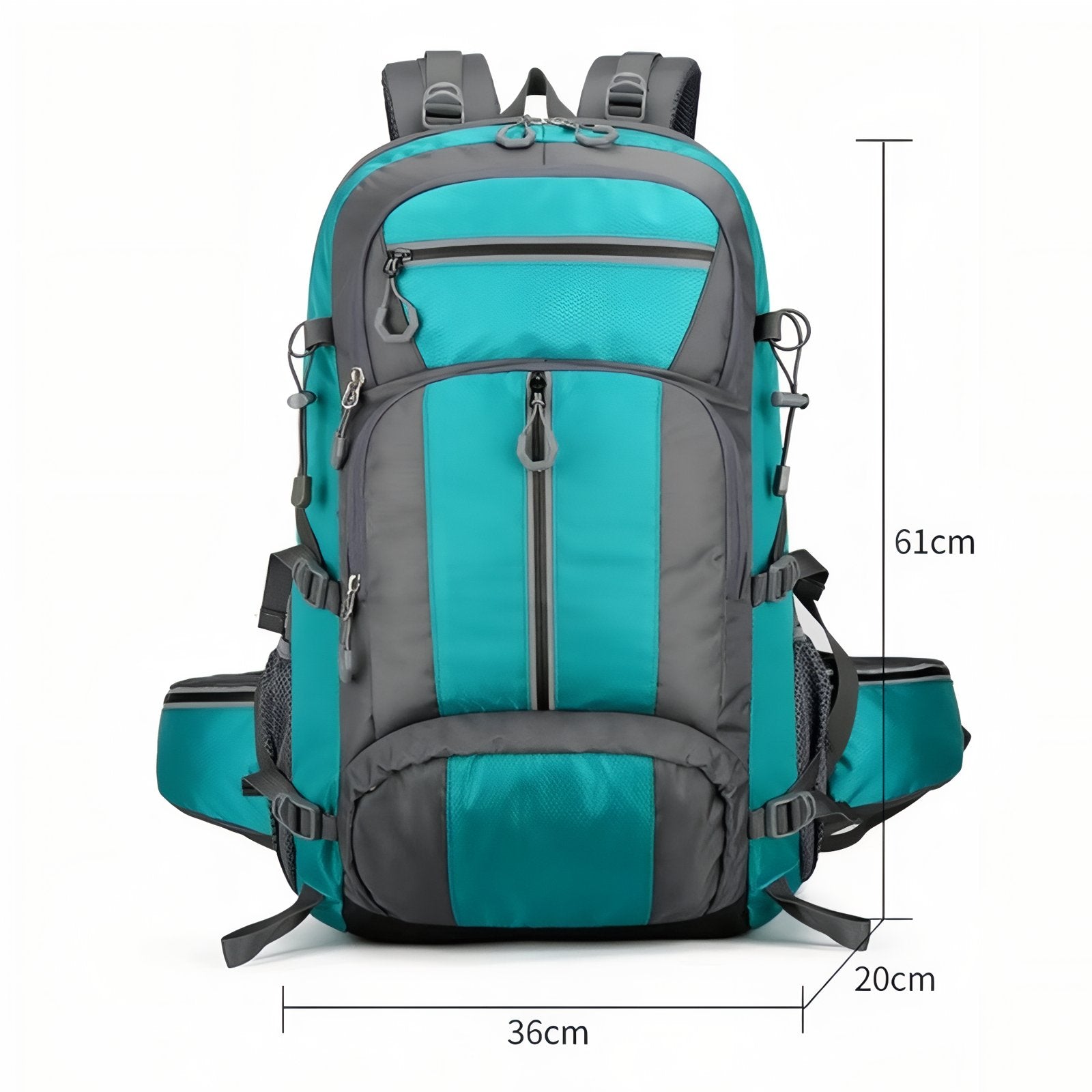Sac à Dos Randonnée Multi-Poches 55L dimensions affichées - Turquoise et Gris