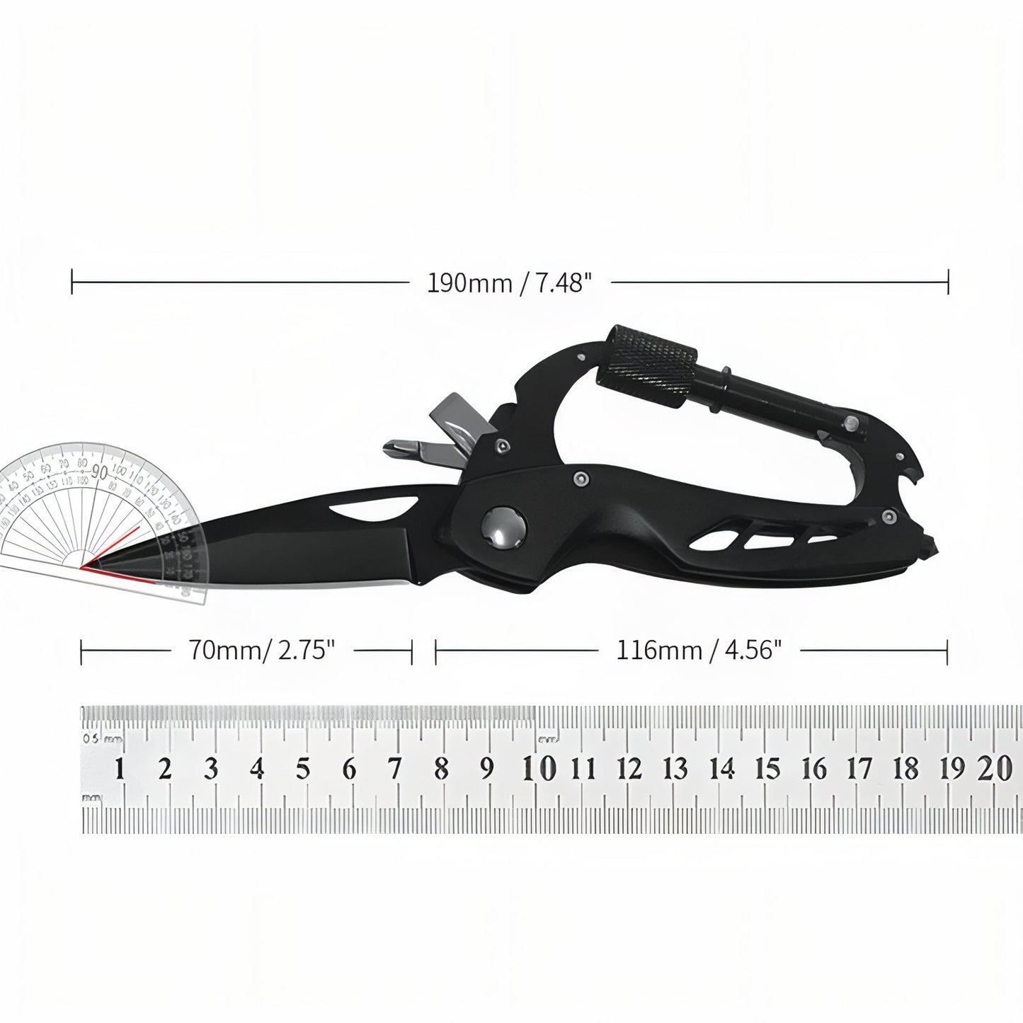 Couteau Mousqueton Multifonction guide des dimensions - Noir Mat