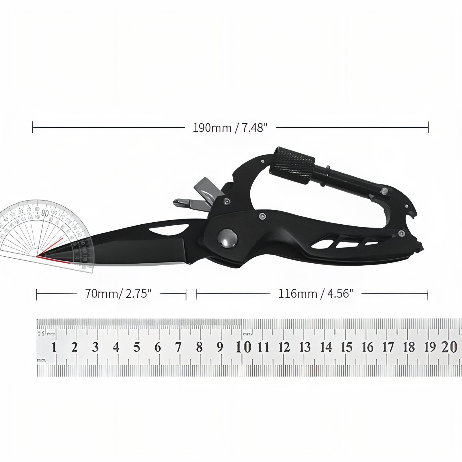 Couteau Mousqueton Multifonction guide des dimensions - Noir Mat