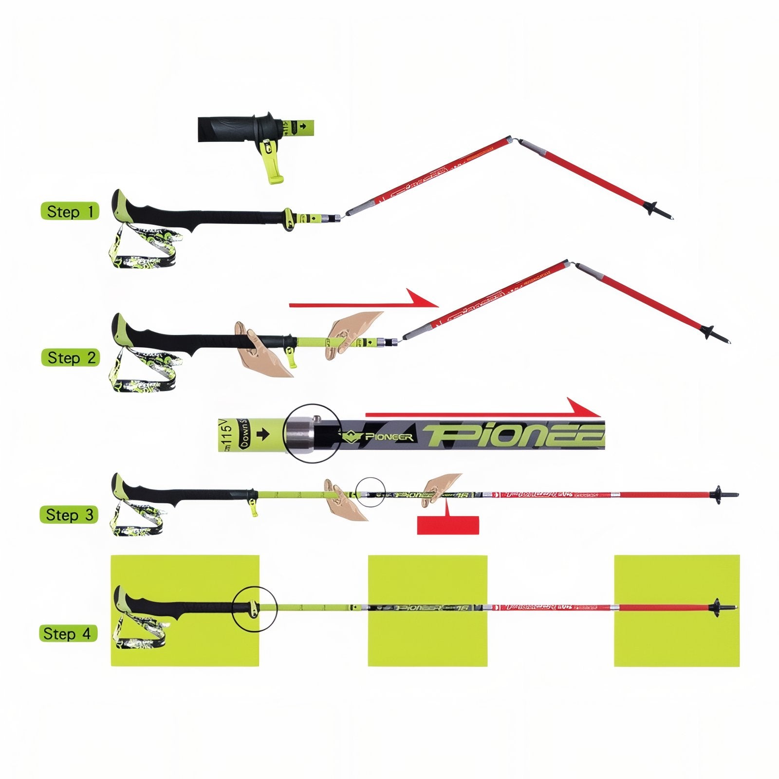 Bâton De Marche Carbone Pliable guide des dimensions - Rouge et Vert Fluo - Noir